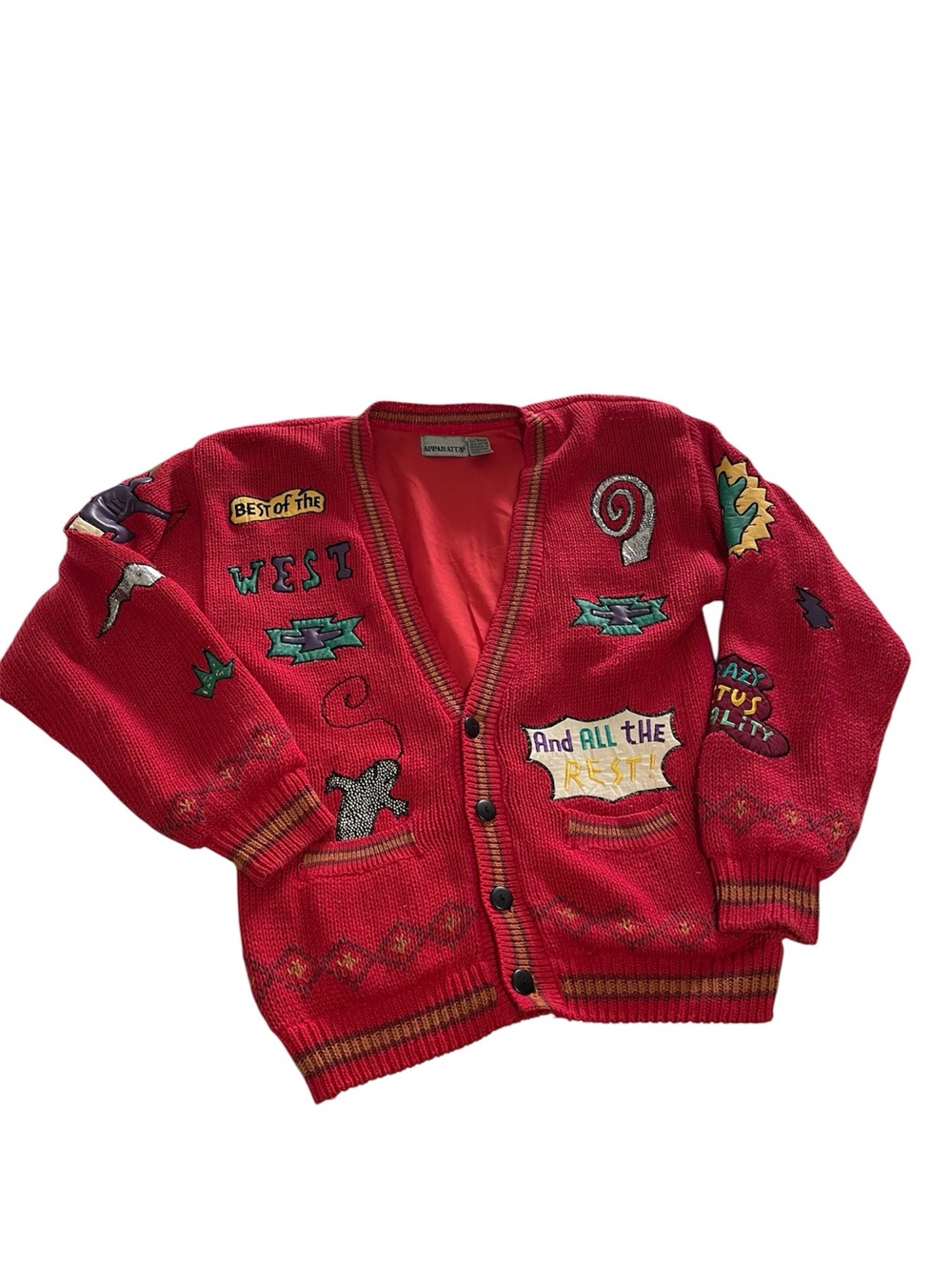Vintage Apparatus Cardigan Sweater XL Red Southwestern 80s 90s Lizard Aztec
